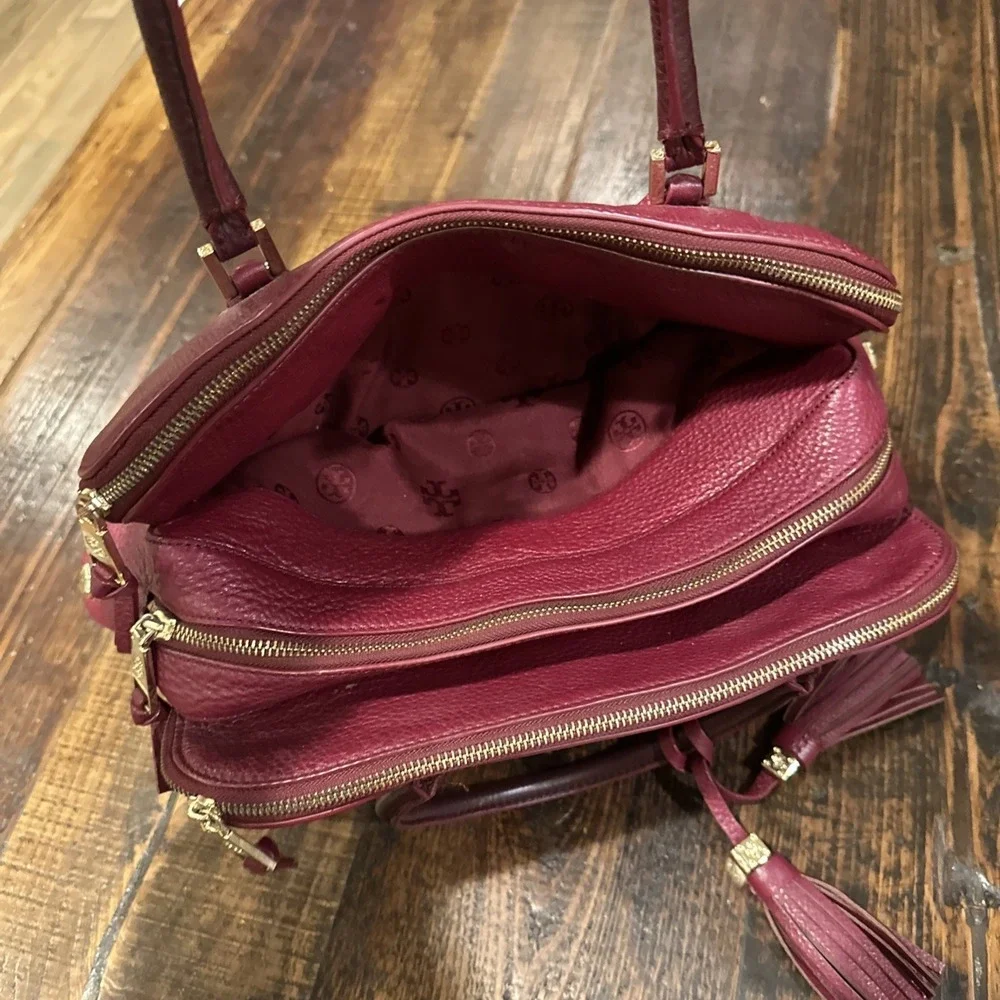 Tory‎ Burch Leather Thea Triple-Zip Satchel Bag Ox Blood Burgundy